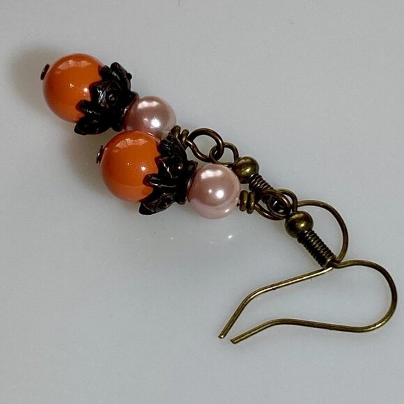 Coral Austrian Crystal Pearls Earrings - Picture 7 of 10
